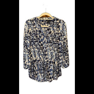 New Directions Blouse Plus Size XL Blue White Pattern + Stretch 3/4 Sleeve